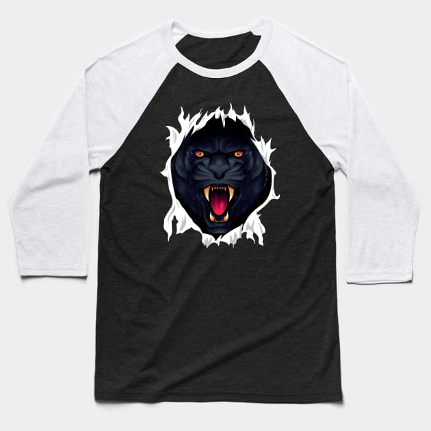 A Black Panther Ripping Through Fabric Baseball T-Shirt by Rosemarie Guieb Designs